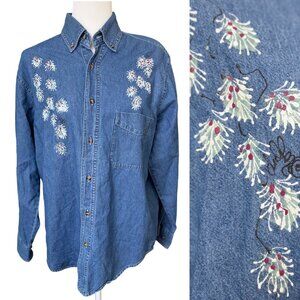 Vintage hand painted denim shirt jacket kitschy winter holiday pinecones